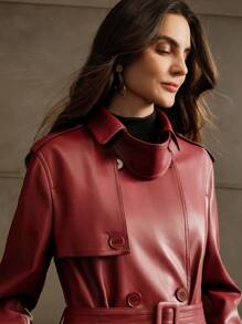 Anewsta Women's Red Double-Breasted Long Length Personalized Leather Coat - Red - View 3