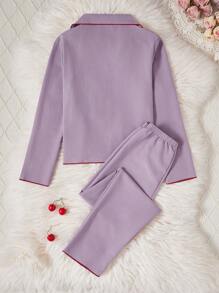 女孩可爱樱桃花刺绣珊瑚粉色长裤和长袖 2 件套睡衣套装，宽松舒适，适合大女孩 - 紫色 - 查看 2