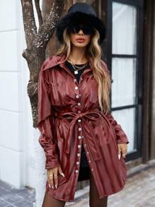 GENKIRA 法式亮面 PU 纽扣式腰带收腰女式长袖短款风衣外套，秋季 - 酒紅色 - 查看 3