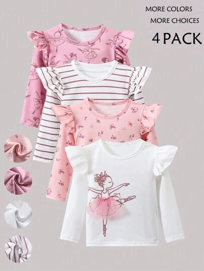 SHEIN Playful Pals 4 件装女婴休闲日常百搭家居和外出芭蕾薄纱裙，芭蕾女孩条纹和碎花图案，妈妈挑选的柔软面料