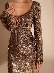 SHEIN BAE Váy dài tay hở lưng lấp lánh thanh lịch, váy dự tiệc cocktail buổi tối gợi cảm và quyến rũ, thích hợp cho buổi tối đi chơi, câu lạc bộ, lễ hội - Rượu sâm banh - Xem 5