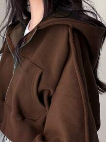 DAZY 女士休闲连帽短款拉链羊毛运动衫，秋冬，秋季女装夹克 - 棕色 - 查看 4