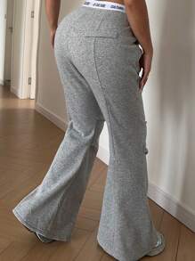 Calvaya 大码休闲字母印花腰部拼接抽绳喇叭运动裤 - 灰色 - 查看 2