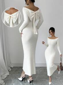 Selianne Women's Solid Color Long Sleeve Off-Shoulder Bowknot Back Fitted Elegant Knit Dress, Autumn - Beige - View 1