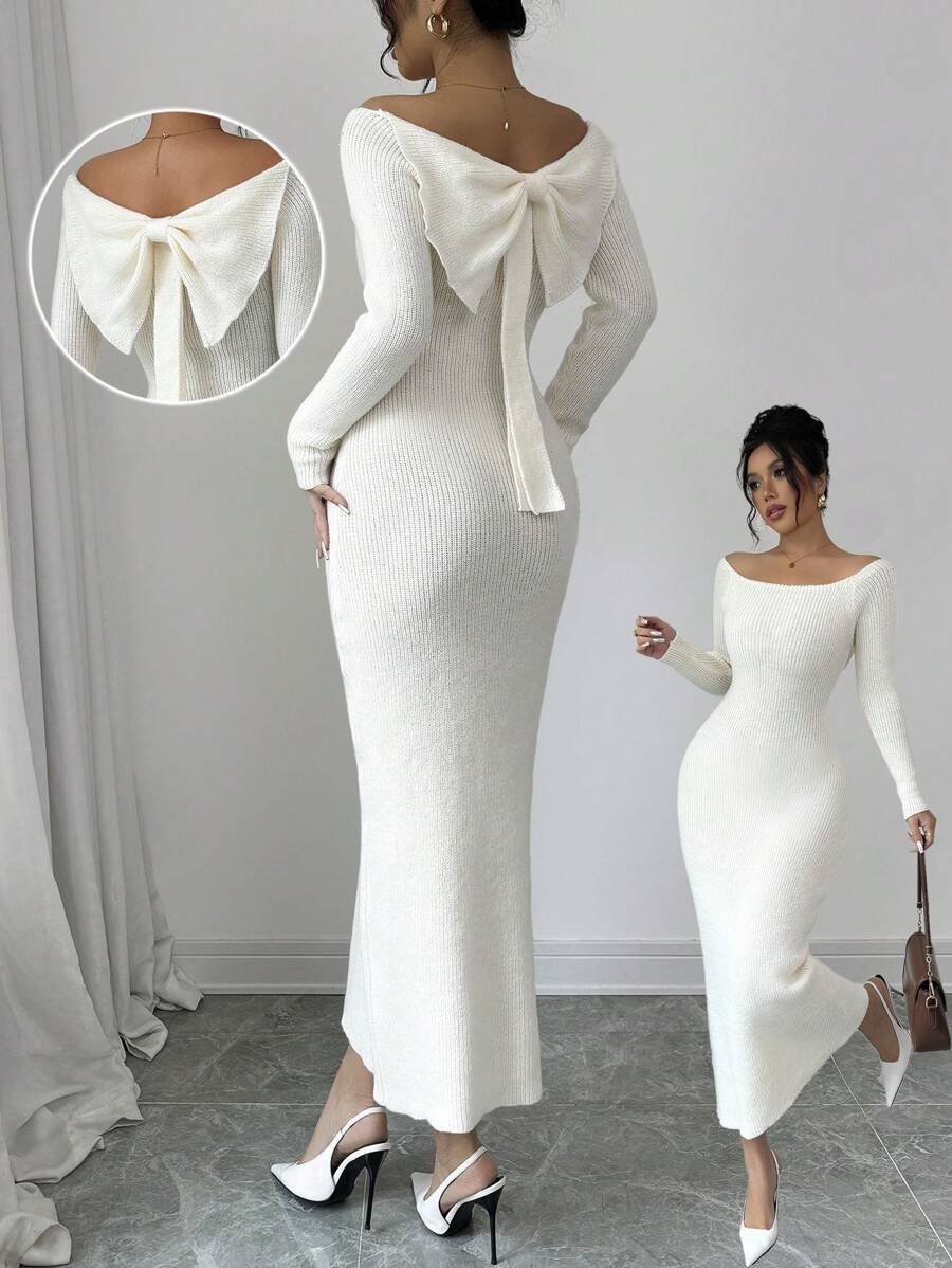 Selianne Women's Solid Color Long Sleeve Off-Shoulder Bowknot Back Fitted Elegant Knit Dress, Autumn - Beige - View 1