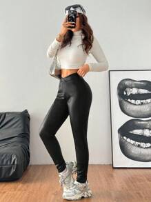 SHEIN EZwear Women's Black Autumn Seksi Chic Night Out Faux Leather Thermal Fleece Lined Leggings,Winter Overlap Waist Stretchy Yoga Jog Tights Sportswear Pants - Black - View 5