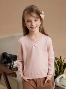 PrepCrw Young Girl Casual Solid Color V-Neck Bow Decor Loose Pullover Sweater