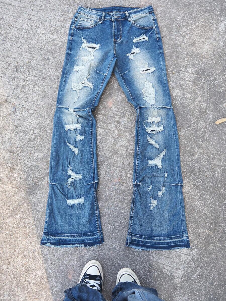 Manfinity LEGND Men Casual Button Front Pocket Distressed Simple Denim Jeans, For Daily Wear - Blue - View 1