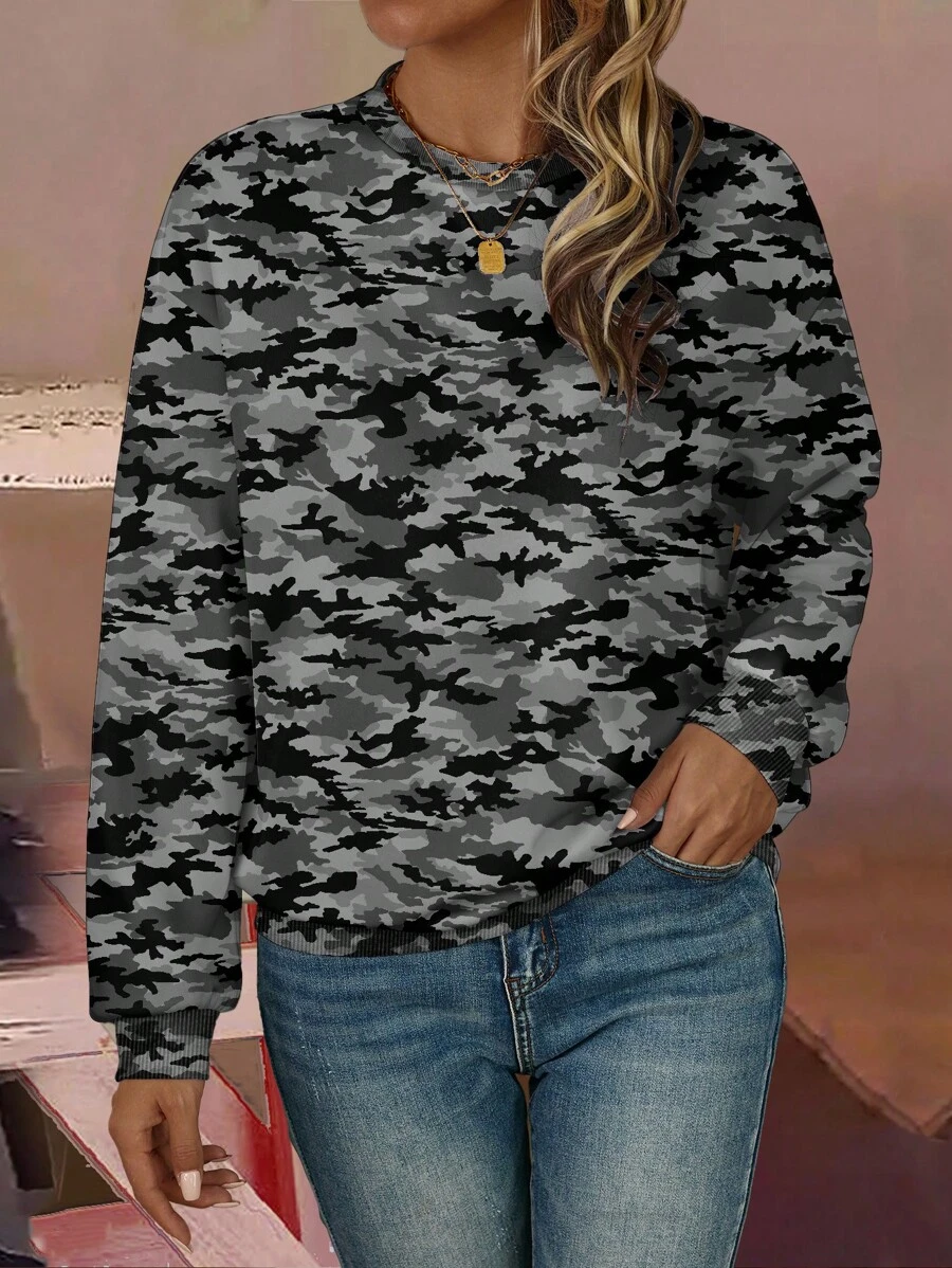 Polina Brazil Artist Women Camo Print Casual Crew Neck Sweatshirt, Suitable For For Holiday, Vacation, Spring, Festival, For Workout, Ibiza Fits