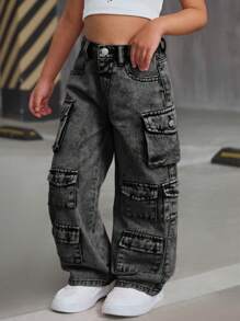 SHEIN 年轻女孩宽松直筒粉色牛仔裤工装裤女孩工装牛仔裤