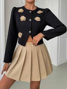 Calvaya 2pcs Flower Decor V-Neck Single Breasted Jacket And Pleated A-Line Skirt Set For Women