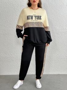 SHEIN LUNE 2 sztuki/zestaw Okrągły dekolt Długi rękaw Gładki Patchwork Nadruk liter Minimalistyczny zestaw topów i spodni