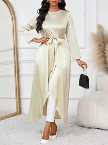 SHEIN Lady Blusa de cuello redondo de manga larga en beige con lazo a la cintura, abertura frontal y bajo con volantes, top de mujer de otoño