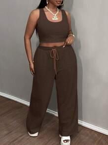 Slaydiva Bộ 3 món/2024 Bộ đồ vest dài tay màu trơn đơn giản, giản dị, quần ống rộng rộng rãi cỡ lớn - màu nâu - Xem 5