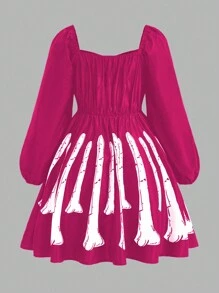 Flirla 大码万圣节骷髅印花修腰 A 字形灯笼袖连衣裙，万圣节服装