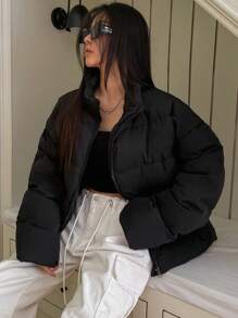 DAZY Women's Casual Solid Color Regular Stand Collar Loose Warm Down Jacket, Winter Style, Winter Women Clothes, Padded Coat Women