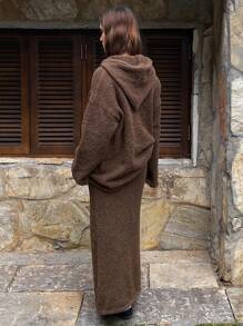 DAZY 2pcs Solid Color Loose Hoodie Sweater And Straight Skirt Set For Women,Fall Women Clothes - Brown - View 2