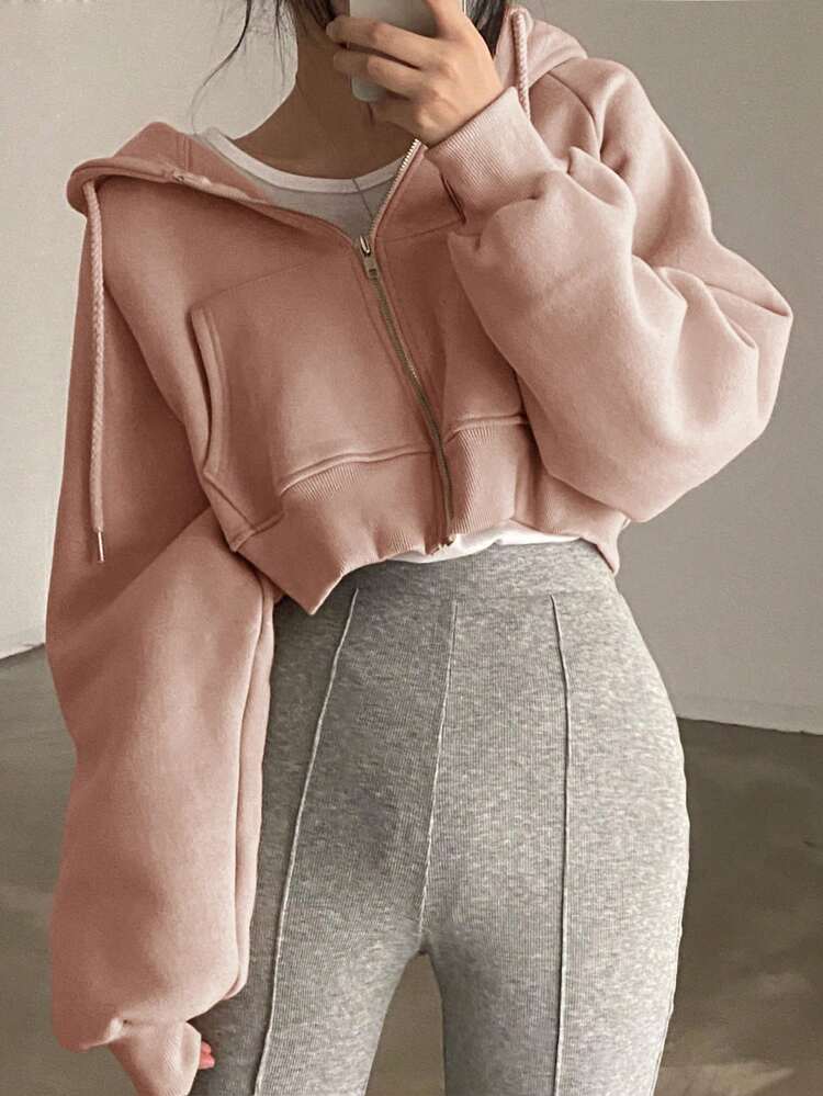 1pc Women Casual Solid Color Cropped Hooded Fleece Sweatshirt,Long Sleeve Tops,Fall Women Clothes Jacket Hoodies