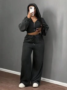 Slaydiva 2024 New Casual Streetwear Daily All-Match Comfortable Thermal Lined Hooded Loose Pullover Top And Pants 2 Pieces Set For Women