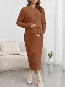 SHEIN 孕妇两件套，长袖上衣搭配修身半身裙，腰部可调节，适合秋冬季穿着 - 鏽棕色 - 查看 5