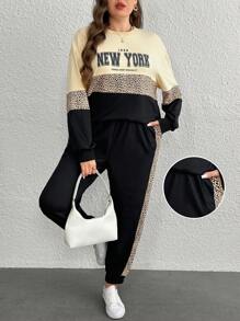 SHEIN LUNE 2 sztuki/zestaw Okrągły dekolt Długi rękaw Gładki Patchwork Nadruk liter Minimalistyczny zestaw topów i spodni