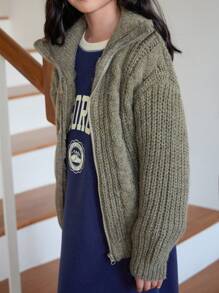DAZY Tween 女童纯色落肩长袖前拉链休闲宽松开衫，秋冬 - 綠色 - 查看 2