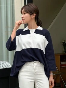 DAZY Femmes Loose Contrast Color 3/4 Sleeve Pullover Sweater Automne, Hiver - Bleu marine - Voir 3