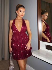 SHEIN BAE 优雅女士亮片闪亮荷叶边连衣裙，适合日常、约会、外出、泡吧、派对、圣诞节、新年前夜 - 酒紅色 - 查看 2