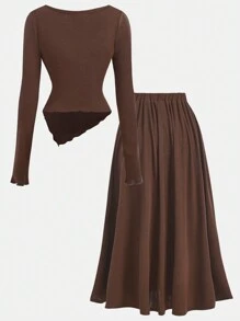 Girlism 少女 2 件套咖啡棕色罗纹不对称下摆上衣搭配 A 字裙，优雅复古风格，适合外出和派对 - 咖啡棕 - 查看 2