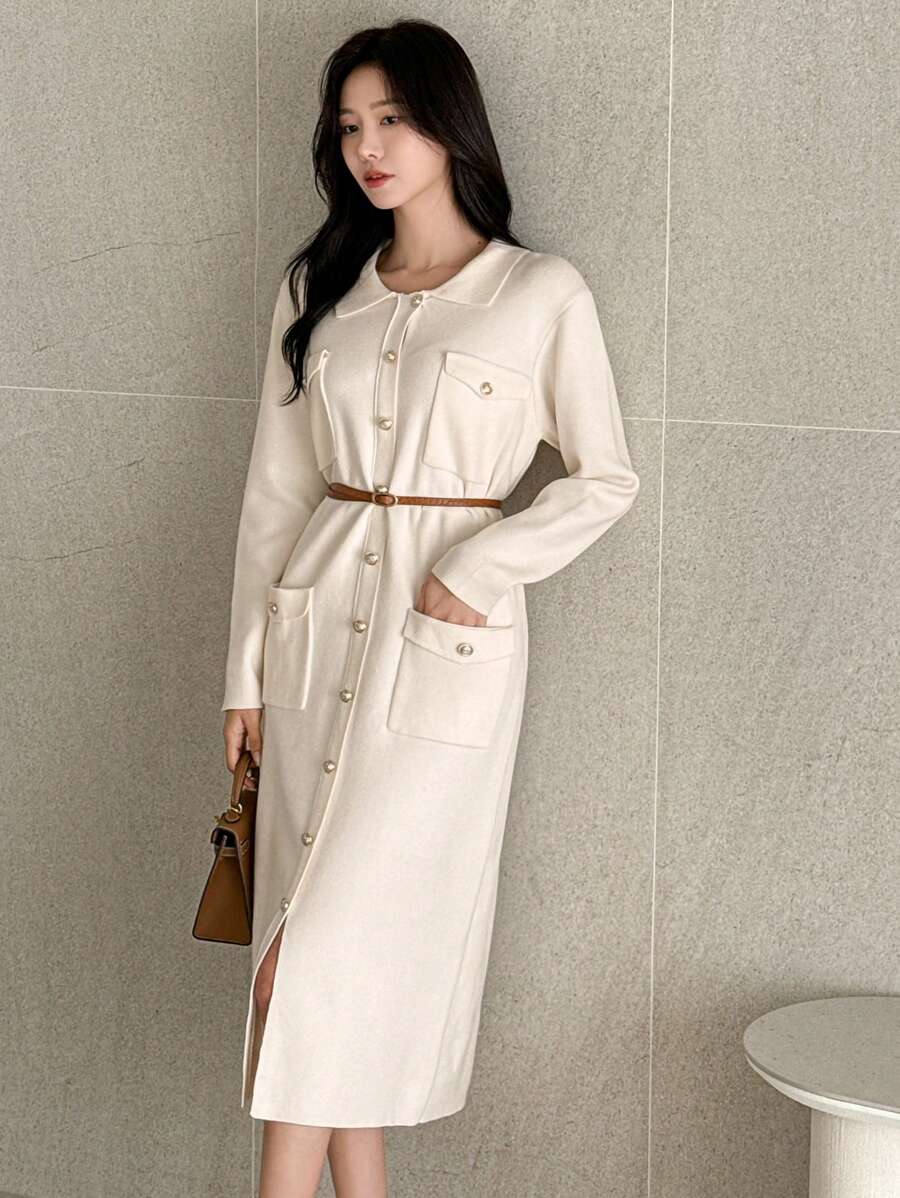 DAZY 女士休闲纯色长袖收腰毛衣连衣裙，带口袋，不带腰带 - 米色 - 查看 1