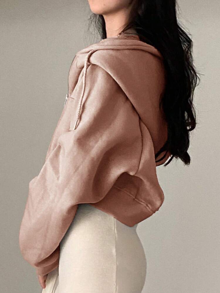 1pc Women Casual Solid Color Cropped Hooded Fleece Sweatshirt,Long Sleeve Tops,Fall Women Clothes Jacket Hoodies