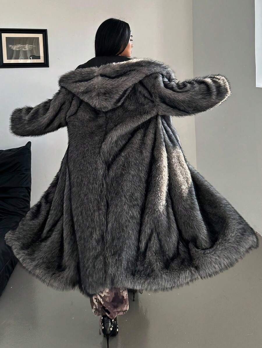Flirla Plus Size Fluffy Hooded Long Sleeve Furry Coat, Winter Clothes Fall Cloth For Women Autumn - Dark Grey - View 1