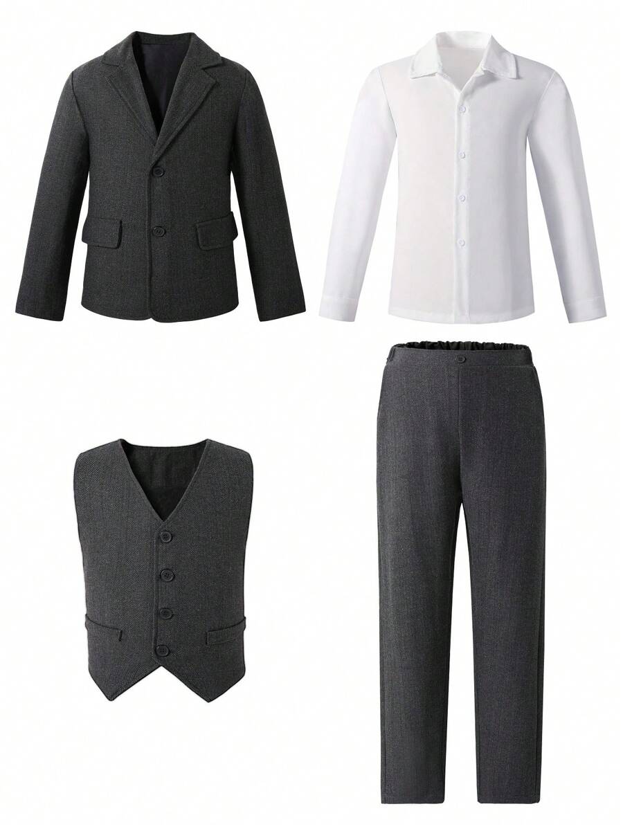 SHEIN 4pcs/Set Tween Boy Gentleman's Outfit Including Blazer Jacket, Vest, Long Sleeve Shirt, And Trousers, Elegant & Formal Wear For Birthday Party, Wedding, Christmas, Halloween, Graduation