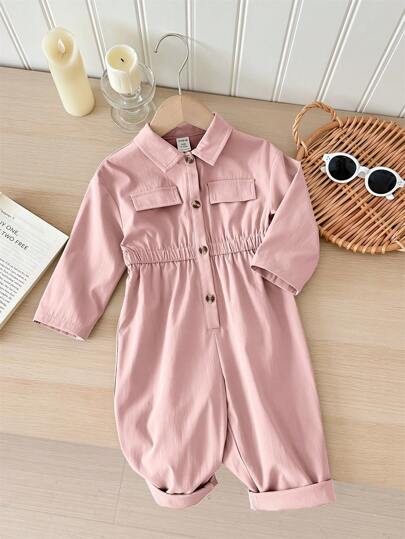 SHEIN LMoss Kids LMoss 女婴 新生儿 女婴 可爱米色纯色 连体短袖连体衣 秋冬季