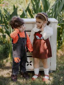 SHEIN Bộ 2 váy liền thân tay bồng cổ Peter Pan màu trơn và dây đeo cho bé gái mùa xuân/thu, thích hợp cho việc đi chơi - Nhiều màu - Xem 7