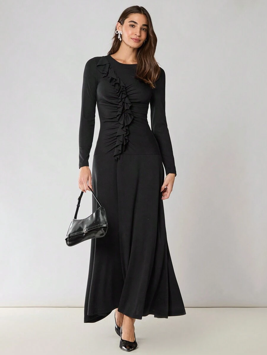 Enchnt Damen einfarbiges Kleid mit Rundhalsausschnitt, Langarm und Rüschensaum, elegant