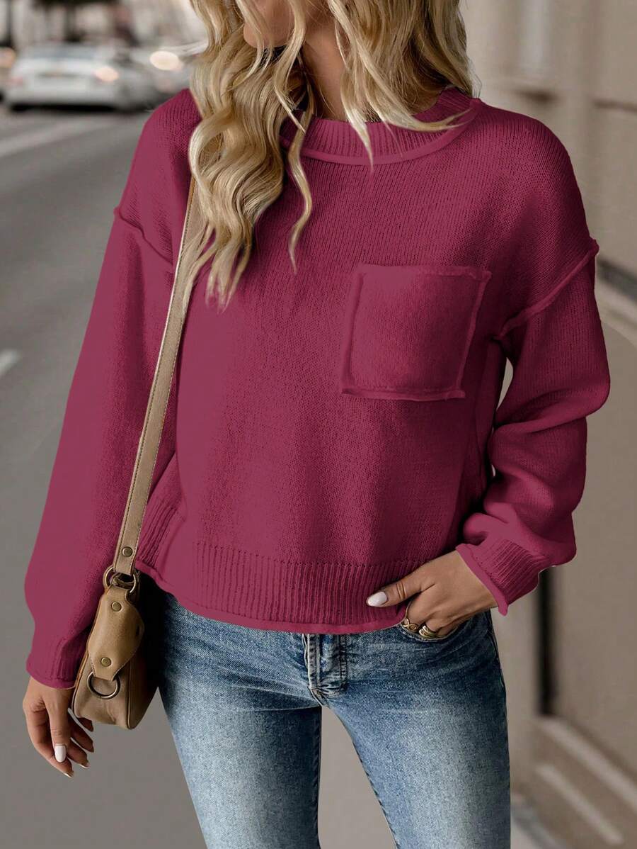 SHEIN LUNE 新款纯色毛边口袋长袖上衣，女士休闲套头毛衣，秋冬针织衫 - 酒紅色 - 查看 1