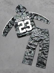 Manfinity EMRG Men Color-Block Letter Print Long Sleeve Hoodie And Sweatpants Set, Casual