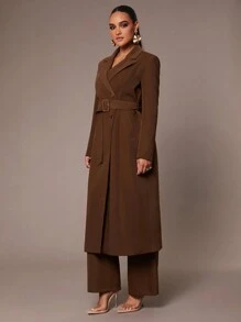 Silquee Women's Autumn Elegant Dark Brown Office Coat,High-End Long British Twill Career Commuting Mobwife Chocolate Belt Waist Anti-Wrinkle Winter - Coffee Brown - View 4