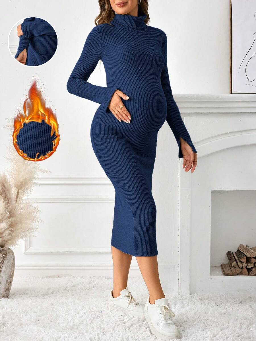 SHEIN Maternity Knit Midi Long Sleeve Dress, High Collar Fitted Knee-Length Pregnancy Long Sleeve Dress, Pregnancy Dress, Autumn/Winter