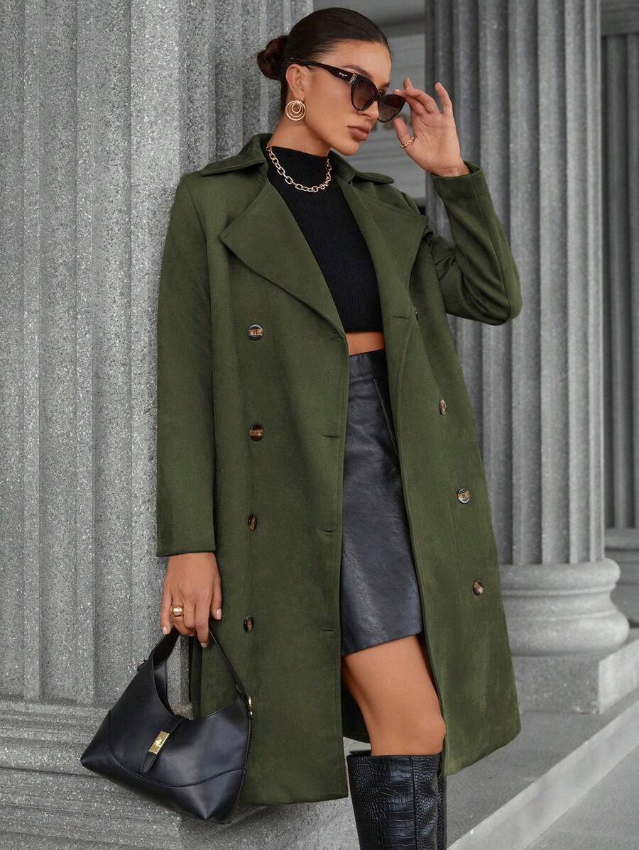 Aveloria Autumn/Winter Suede Fleece Classic Mid-Length Windbreaker Jacket, Versatile & Elegant - Army Green - View 1