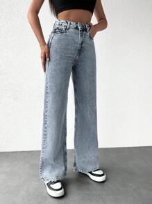 EURMUSE Letter Patched Wide Leg Jeans - Rửa nhẹ - Xem 5