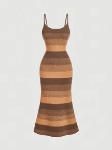 SHEIN MOD Vestido sudadera casual con rayas en tonos de la tierra, bajo con abertura, para mujer. Vestido de punto de otoño/invierno, Año Nuevo, vestidos de punto, térmica, sport elegante, fiesta