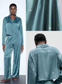 SHEIN Maija 新品秋冬季返校、节日派对和休闲时尚都市女士灰蓝色水钻装饰衬衫 - 灰色 - 查看 1