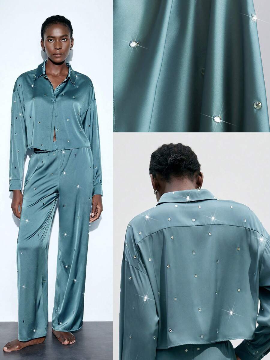 SHEIN Maija 新品秋冬季返校、节日派对和休闲时尚都市女士灰蓝色水钻装饰衬衫 - 灰色 - 查看 1