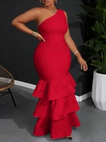SHEIN Slayr Plus High-End Elegant Stretchy Knitted Solid Bodycon Black Patchwork Multi-Layer Ruffle Hem One-Shoulder Dress, Plus Size - Red - View 6