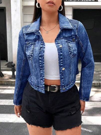 Flirla Chaqueta corta informal de talla grande con botones a presión delanteros, de uso versátil para el otoño