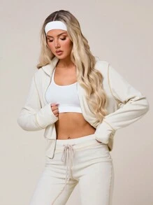 VARSITIE Women's Contrast Trim Zipper Front Casual Hoodie Hoodie - White - View 6
