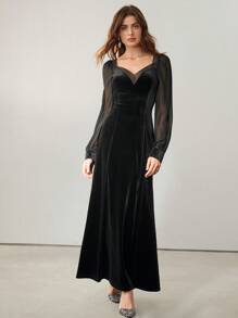 Anewsta Women Lace Trim Slit Hollow Velvet Elegant Sexy Dress