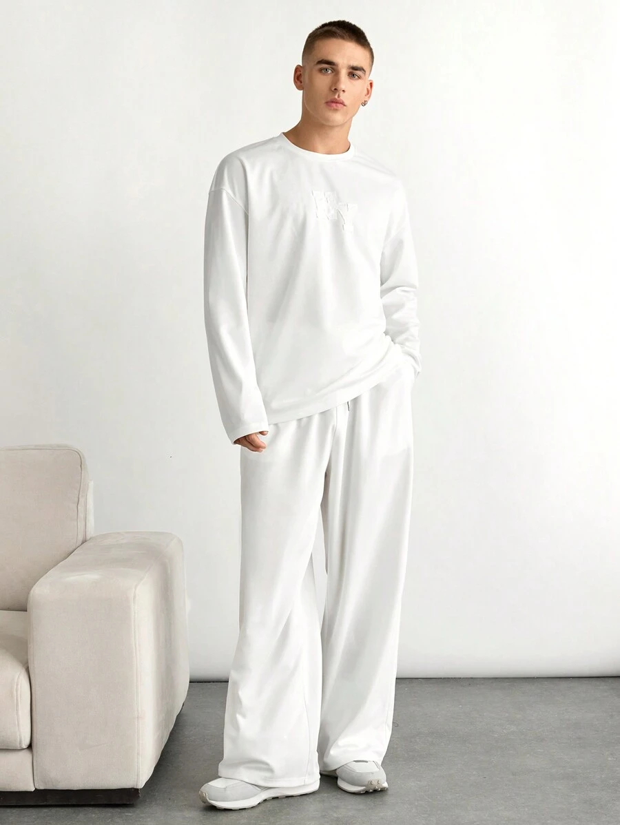Manfinity VCAY Unisex Letter Embroidered Loose Drop Shoulder Long Sleeve T-Shirt And High Waist Drawstring Wide Leg Pants Set - White - View 1